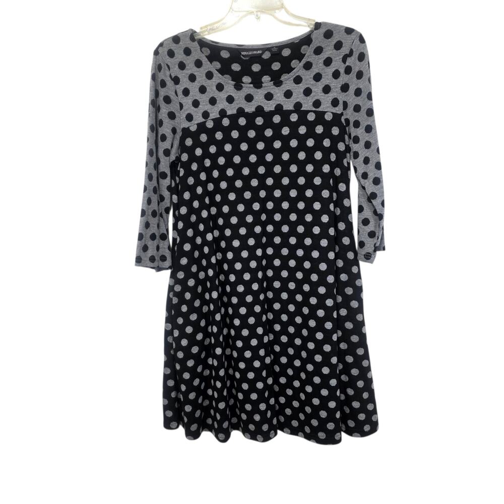 Nina Leonard Womens Black and Gray 3/4 Length Sleeve A-line Polka Dot Dress